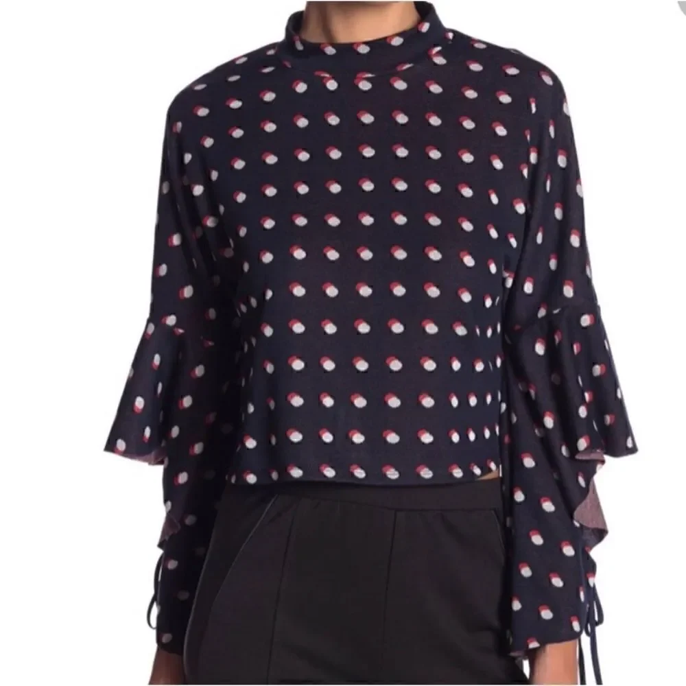 BCBGeneration Blue, Red & White Polka Dot Flutter Sleeves Mock Neck Crop Top